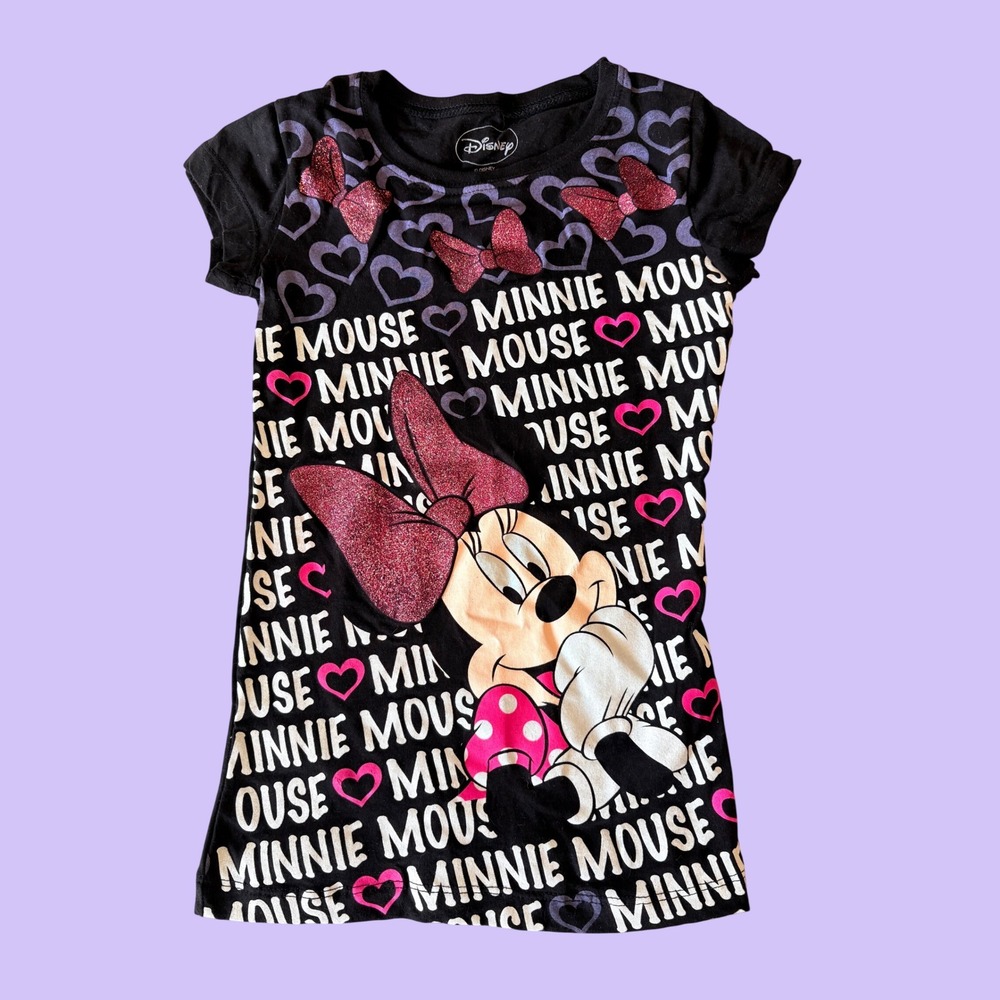Y2K Disney Minnie Mouse Graphic Baby Tee Scene Black Pink Glitter Hearts #17